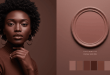 A sophisticated color palette showcasing elegant and surprising hues such as Caput Mortuum a deep brown with red undertones and Sulking Room Pink a dark pink brown evoking a sense of mystery and depth