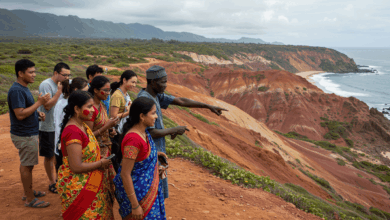 A diverse group of people from different cultures looking at the same colorful landscape highlighting the subjective and cultural aspects of color perception