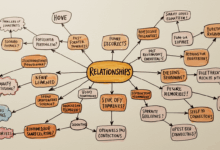 A mind map filled with interconnected thoughts and emotions centered around the concept of past relationships and future prospects