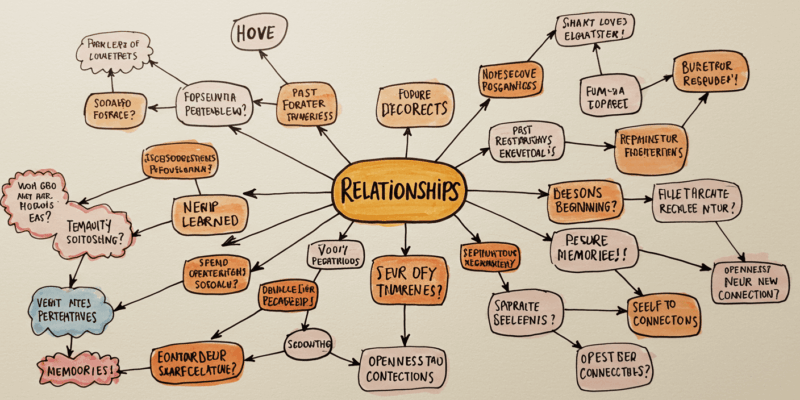 A mind map filled with interconnected thoughts and emotions centered around the concept of past relationships and future prospects