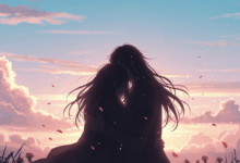 a silhouette of a person embracing an unknown figure in a serene dreamscape