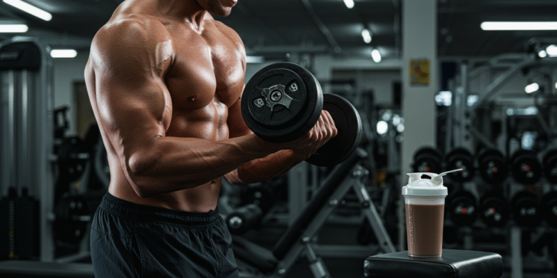 a muscular man lifting weights in a gym with a protein shake nearby