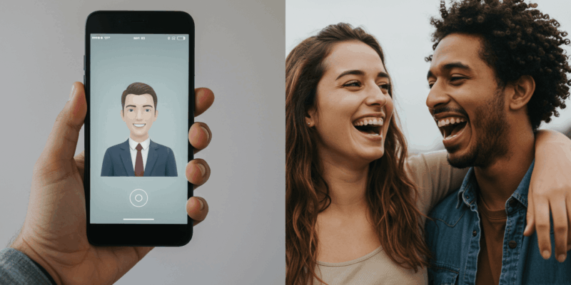 A split image showing a hand holding a smartphone with a virtual friend on screen on one side and two friends laughing together in person on the other highlighting the difference between virtual and real friendship