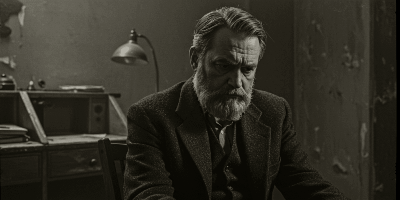 a black and white film still showing a pensive character in a long