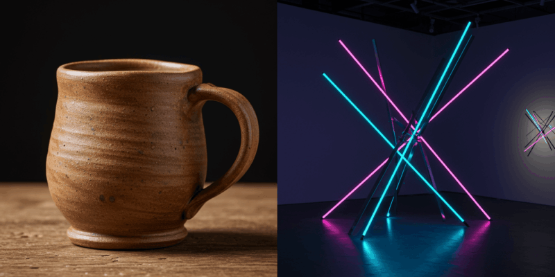 a detailed side-by-side comparison illustrating the differences and similarities between a handcrafted item and a contemporary art piece