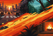 An abstract and energetic illustration showcasing the psychological impact of warm colors like orange red and yellow in various settings