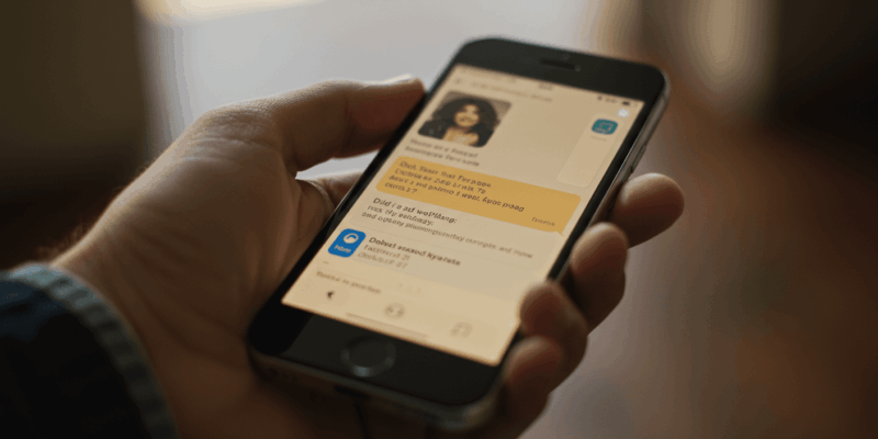 a hand holding a phone with a message on screen