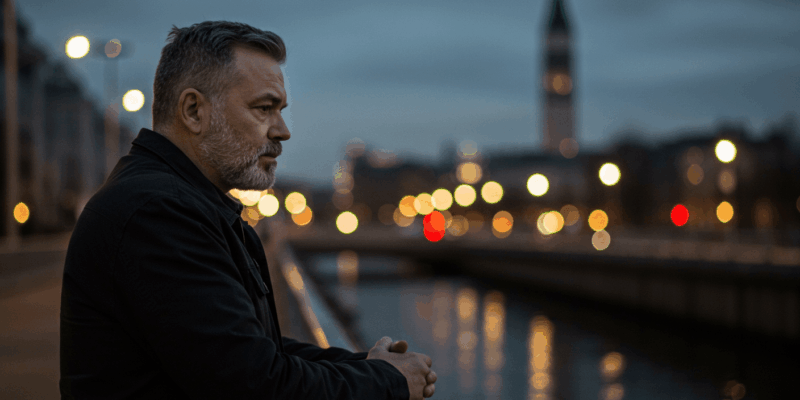 A man standing alone on a bridge looking reflective with a blurry city background representing introspection and personal struggles leading to disinterest in a romantic relationship