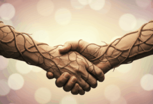 Two hands clasped together with intricate patterns of intertwining roots growing from them symbolizing rebuilding trust and strong relationship foundations a hopeful and detailed composition