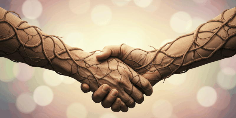 Two hands clasped together with intricate patterns of intertwining roots growing from them symbolizing rebuilding trust and strong relationship foundations a hopeful and detailed composition