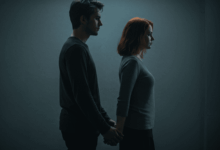 A couple holding hands but looking in opposite directions symbolizing emotional distance and lack of engagement