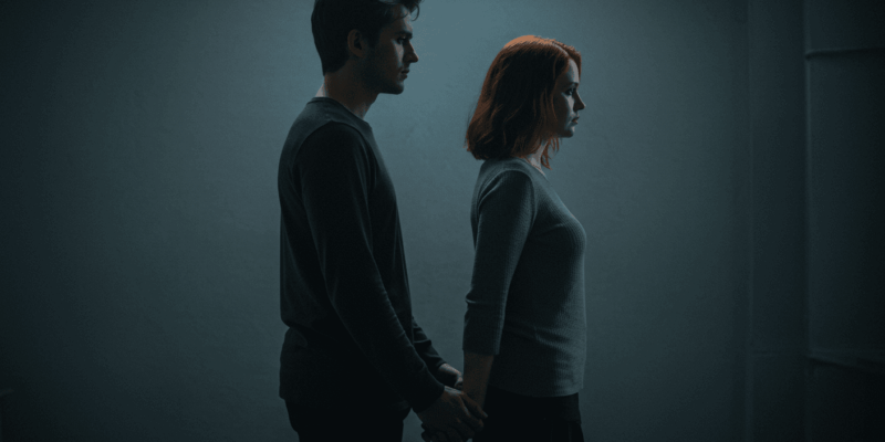 A couple holding hands but looking in opposite directions symbolizing emotional distance and lack of engagement