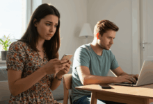 a person looking at their phone with a confused expression while their partner is busy with work