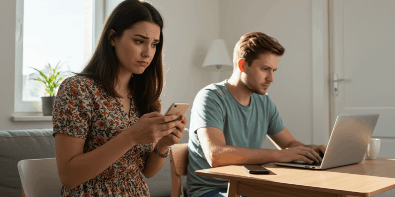 a person looking at their phone with a confused expression while their partner is busy with work