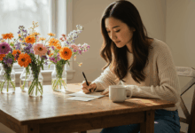 A person writing a heartfelt letter surrounded by flowers and coffee peaceful reflective setting