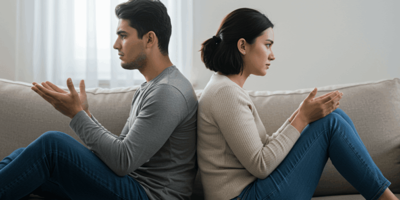 two people arguing in a relationship with distressed expressions a couple sitting back to back after a fight trying to find peace a couple communicating calmly and empathetically after a disagreement showing resolution and understanding