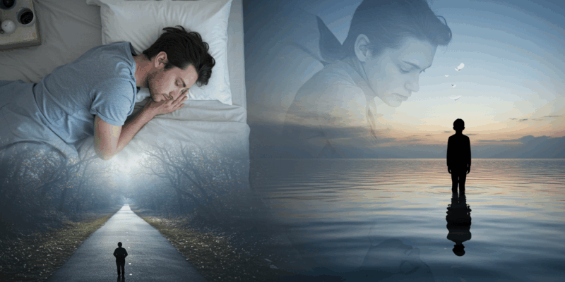 a person dreaming in bed with a subtle image of an ex-partner in the background a dreamlike scene showing two paths one leading to a current relationship and another to a past one symbolizing choice and reflection a silhouette of a person looking at a reflection of their past self in a calm water surface representing introspection and emotional depth