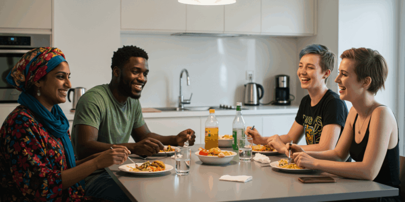 A diverse group of young adults sharing a meal and laughing around a dining table in a modern kitchen demonstrating friendship and community