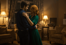 a couple dancing romantically in a dimly lit living room soft warm lighting intimate atmosphere