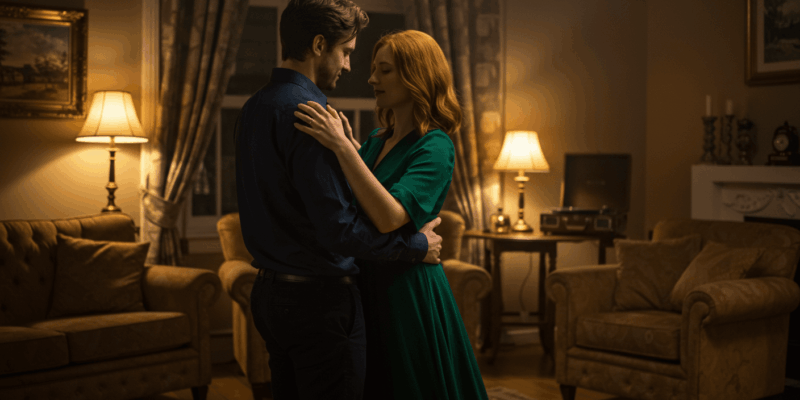 a couple dancing romantically in a dimly lit living room soft warm lighting intimate atmosphere