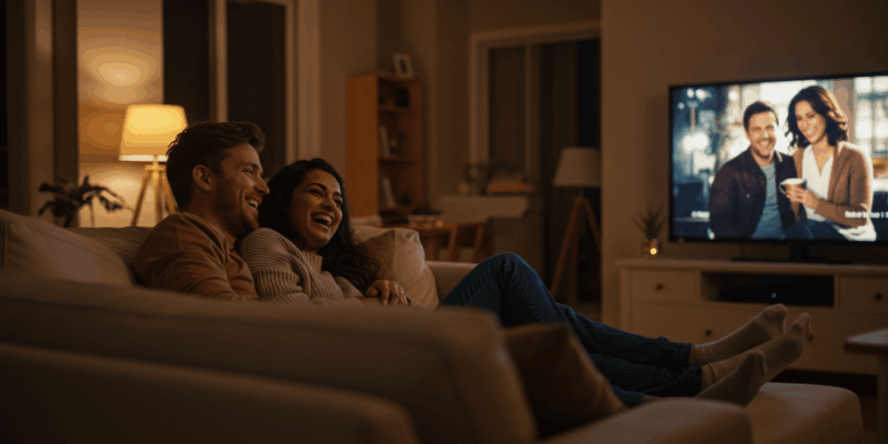 diverse couple cuddling on sofa watching romantic comedy laughing together warm lighting