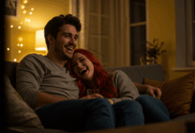 a couple laughing together while watching a movie