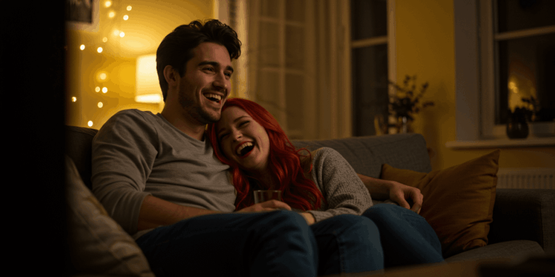 a couple laughing together while watching a movie