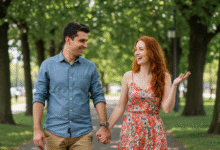 a man and woman holding hands while walking and chatting