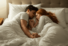 a couple holding hands while sleeping in a comfortable bed symbolizing trust and emotional security with soft pillows and a peaceful setting