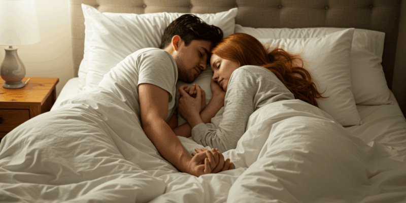 a couple holding hands while sleeping in a comfortable bed symbolizing trust and emotional security with soft pillows and a peaceful setting