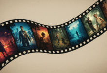 a film reel unwinding to reveal various interconnected scenes and characters representing the concept of a film sequence in a dynamic and flowing composition