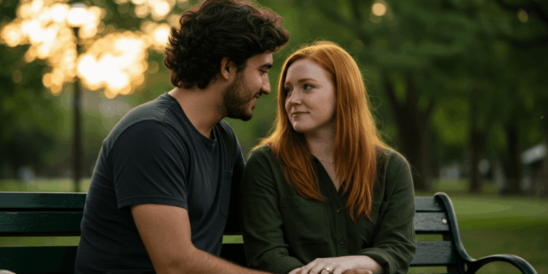 a couple engaging in deep conversation with strong eye contact and attentive listening