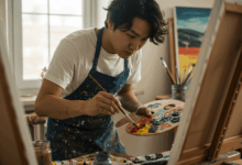 artist painting with oil paints on canvas