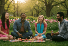 a diverse group of friends sharing stories and laughing together in a vibrant park