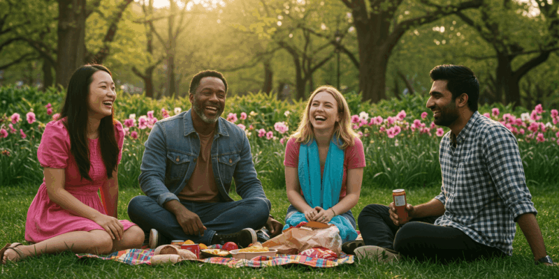 a diverse group of friends sharing stories and laughing together in a vibrant park