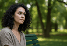 a woman thoughtfully reflecting on her past actions and personal growth