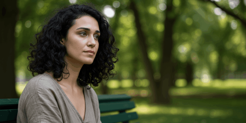 a woman thoughtfully reflecting on her past actions and personal growth