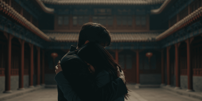 A film scene depicting a dramatic emotional embrace with traditional Chinese architecture in the background cinematic lighting