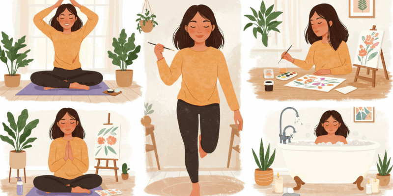 a person cultivating new hobbies and self-care activities to overcome dependency in a bright and positive setting