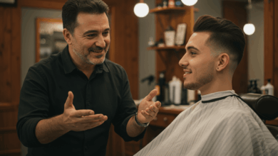 A close-up of a barber and client engaged in a deep friendly conversation in a barber chair