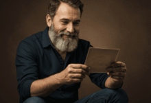 a man looking at an old photograph with a soft and nostalgic smile