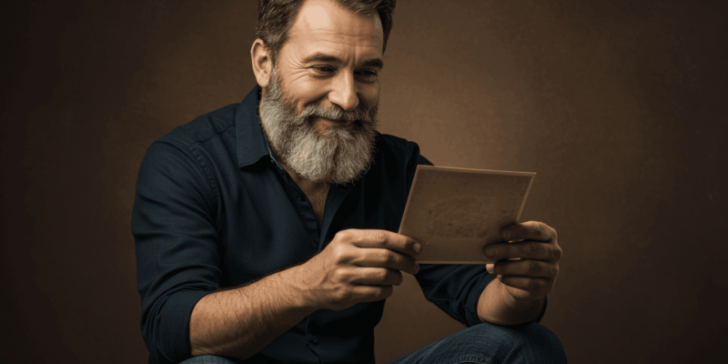 a man looking at an old photograph with a soft and nostalgic smile