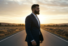 a man standing confidently at a crossroads representing new beginnings after a difficult period