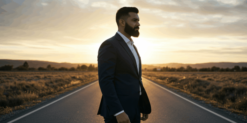 a man standing confidently at a crossroads representing new beginnings after a difficult period