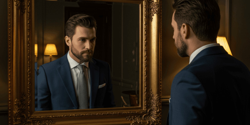 a man looking confidently at his reflection in a mirror