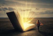 An open book with light rays coming out illuminating a path into the distance symbolizing lifelong learning and the continuous journey of discovery with a person walking towards it