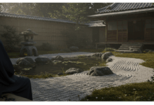 Zen garden scene with flowing water and philosophical kanji tattoo on leg