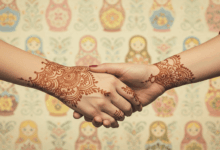 two hands intertwined with a subtle Russian pattern background