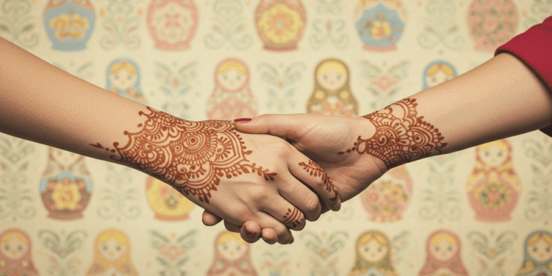 two hands intertwined with a subtle Russian pattern background