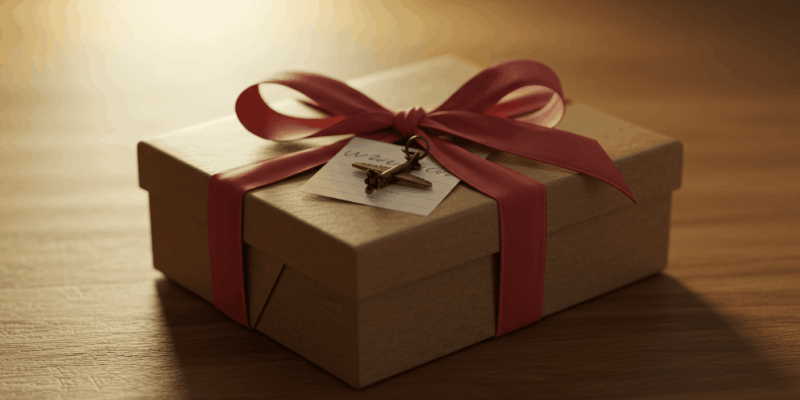 a beautifully wrapped gift box with a handwritten note and a small airplane charm